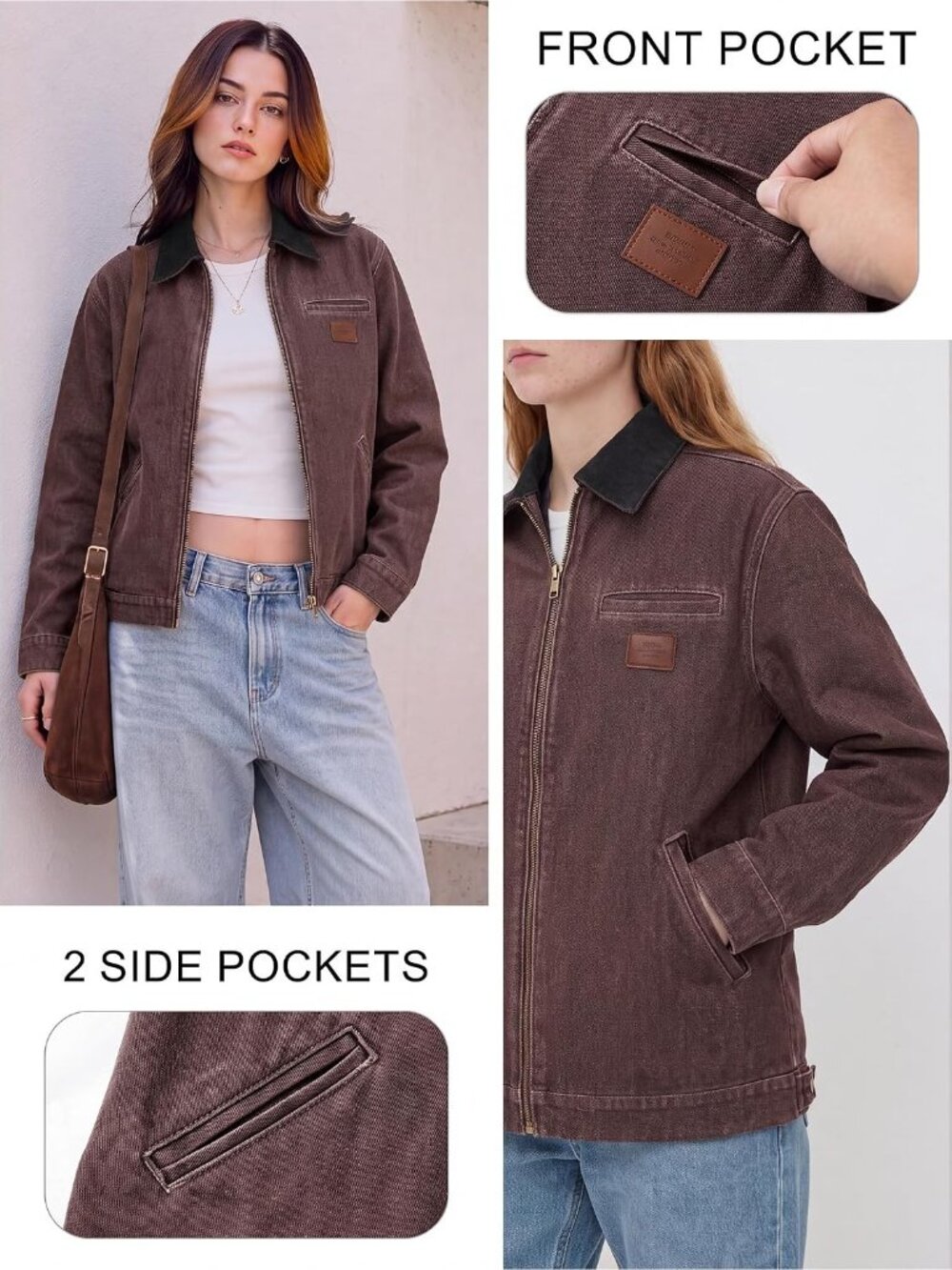 Women's Brown Black Jean Cropped Zip Up Denim Jackets Contrast Collar and Pocket - Picture 4 of 7